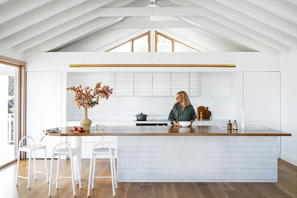 Contemporary coastal kitchen with kit kat tiles on island bench