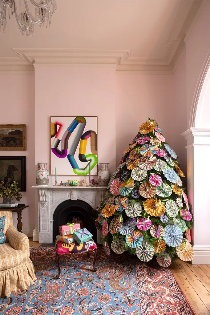 Anna Spiro home Christmas tree with wallpaper fan decorations