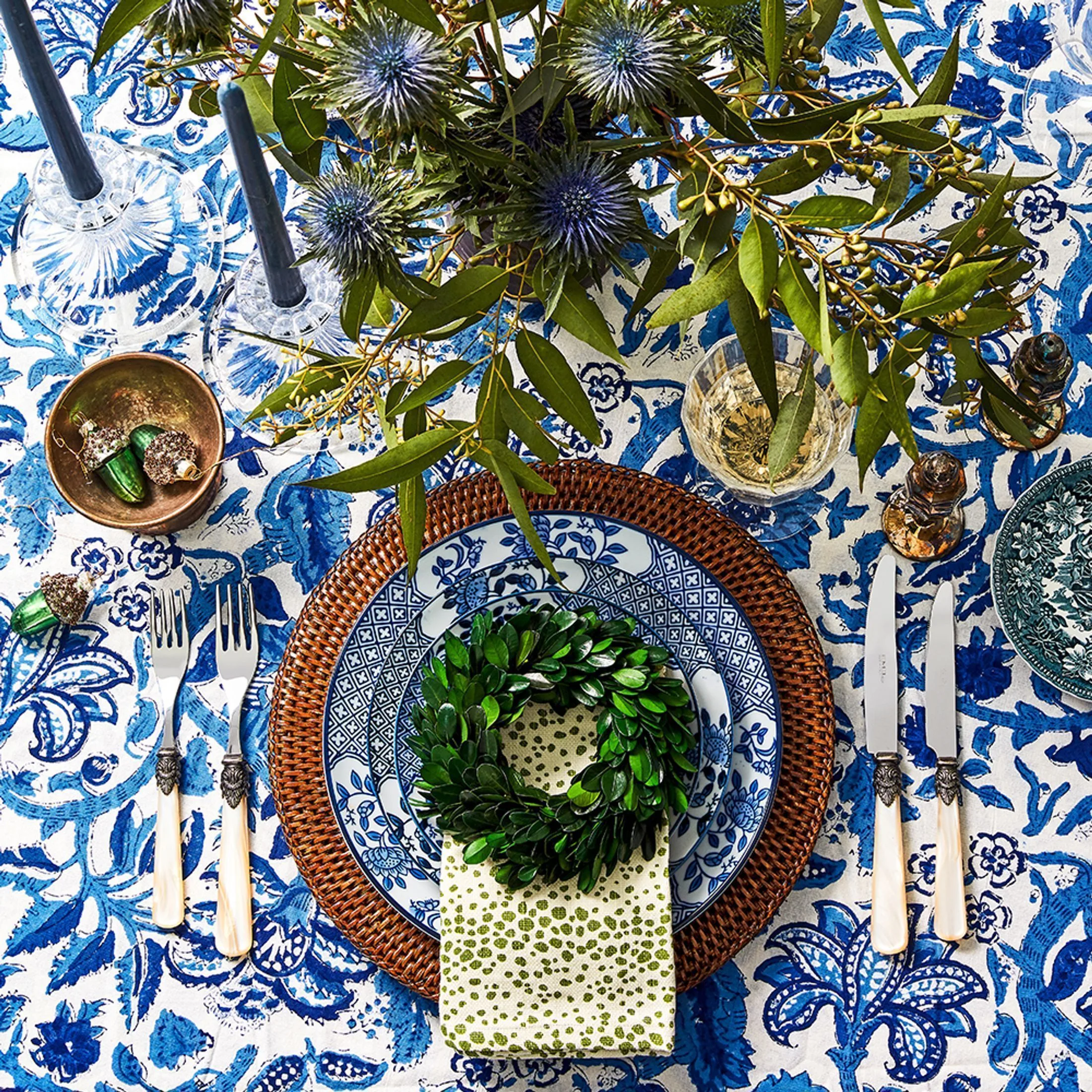 Blue and white Christmas table setting with Australian native flowers