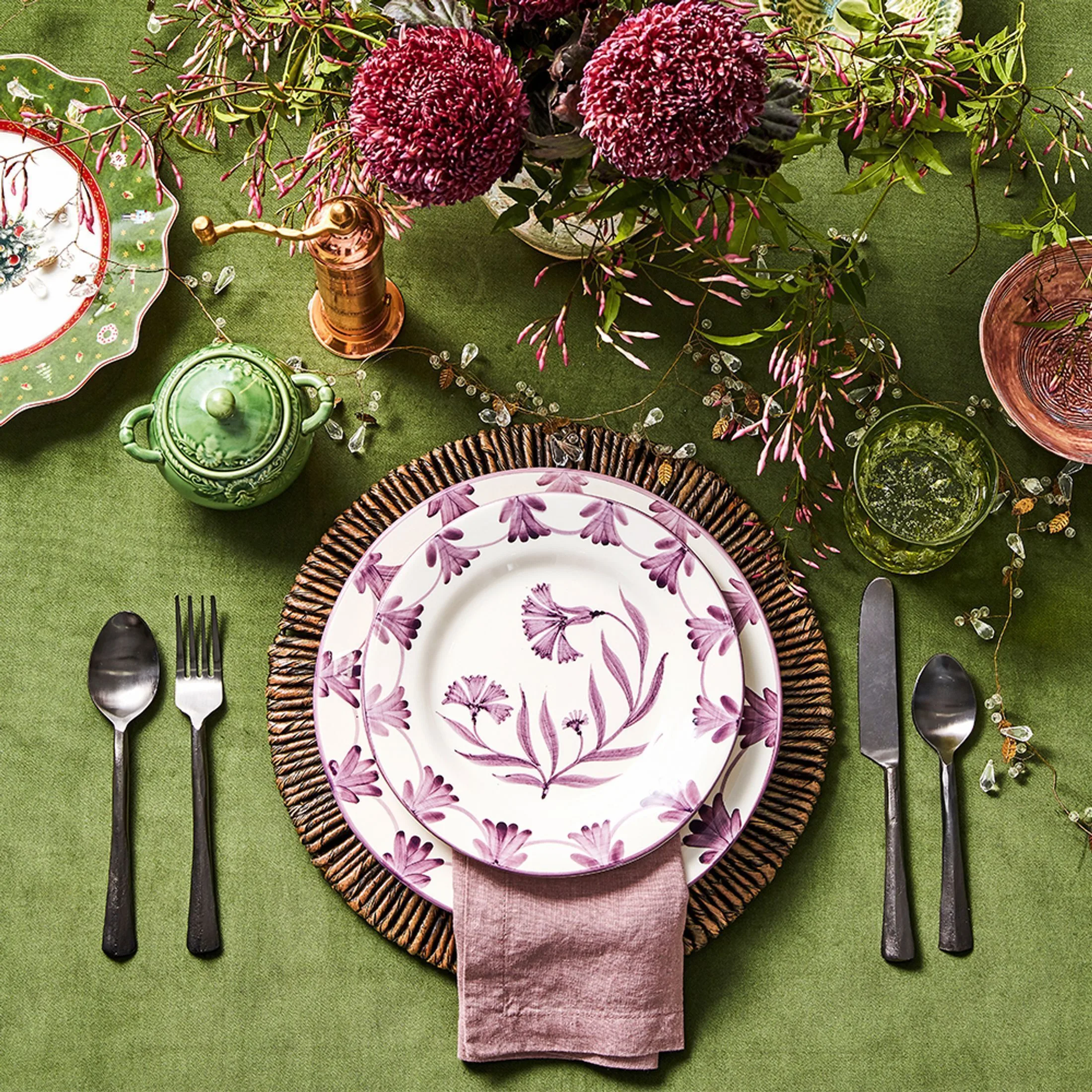 Green and purple Christmas table decorating