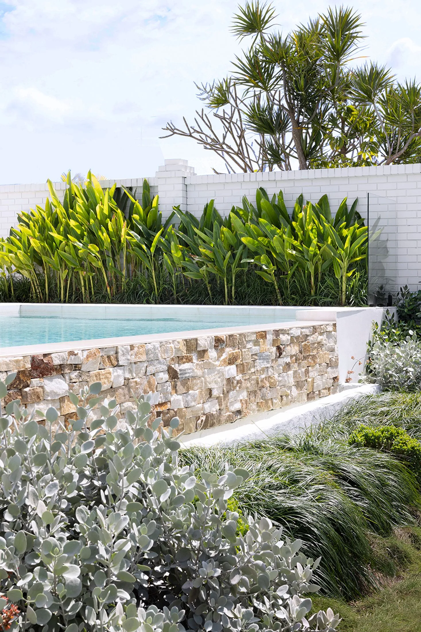 white swimming pool with stone wall cladding and ginger plants