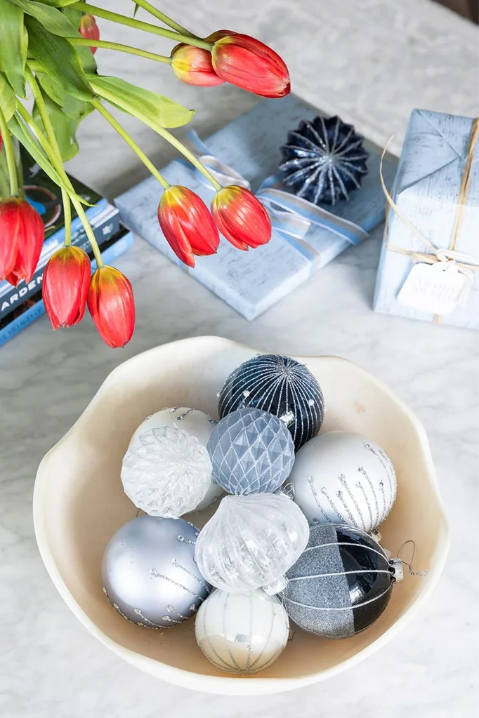 Christmas baubles in a bowl