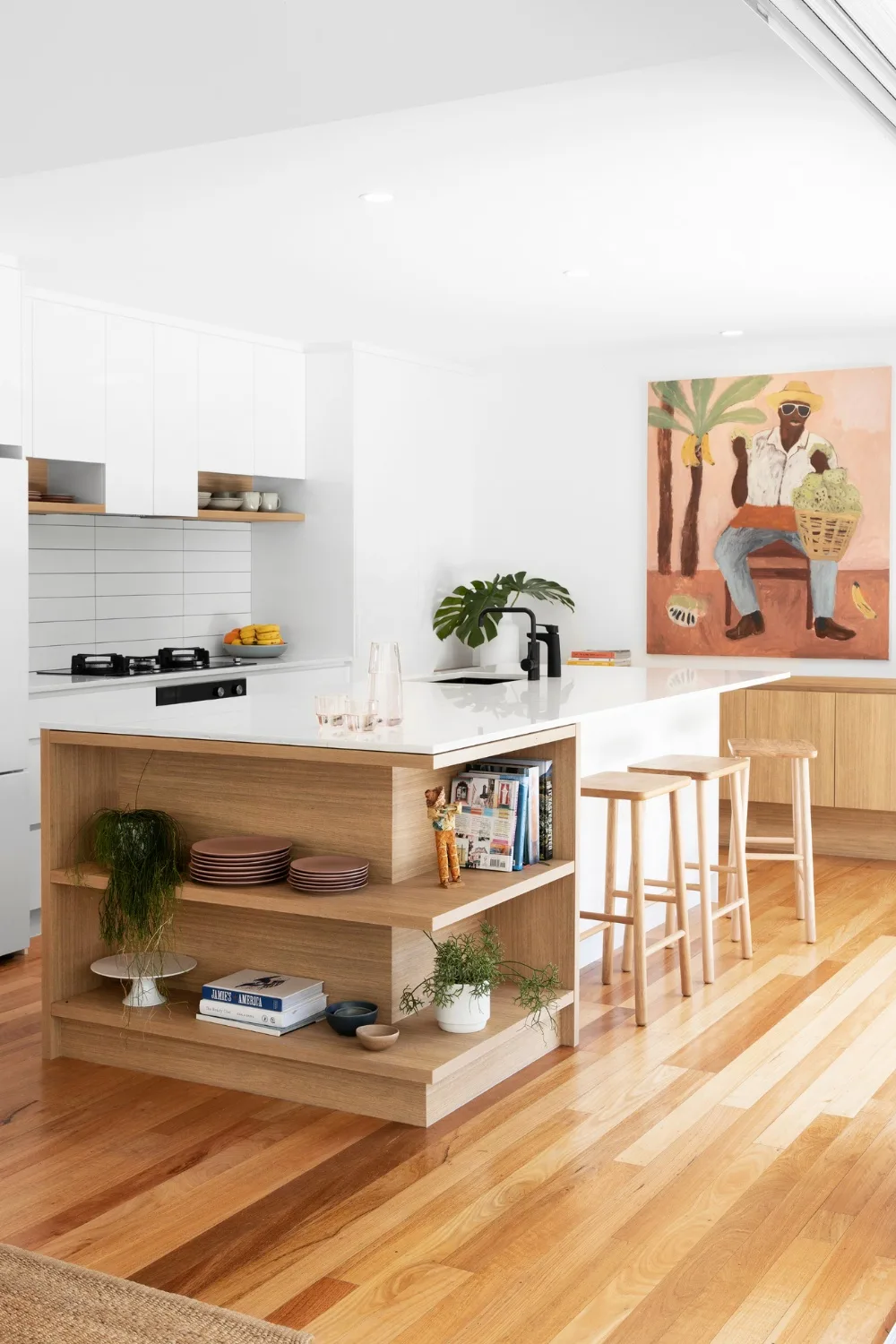 White and timber kitchen with open shelving