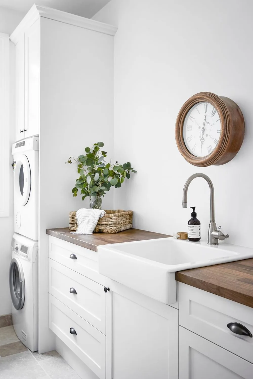 White and timber laundry with shaker style doors