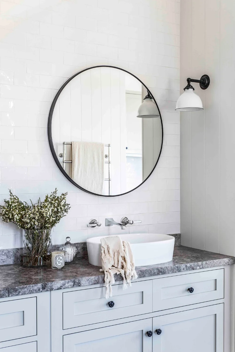 Bathroom vanity with blue shaker cabinets