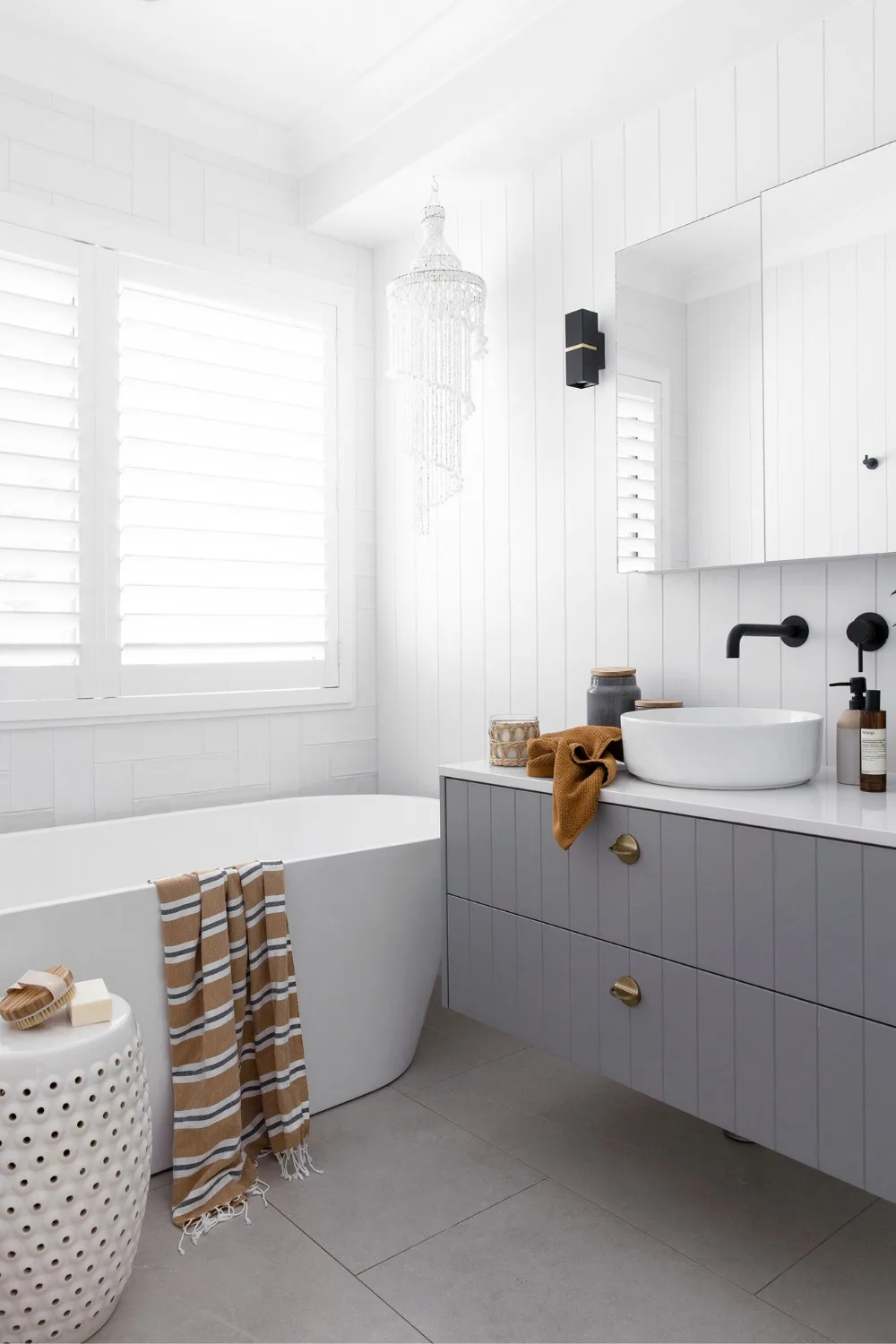 Grey and white contemporary bathroom with VJ panelling