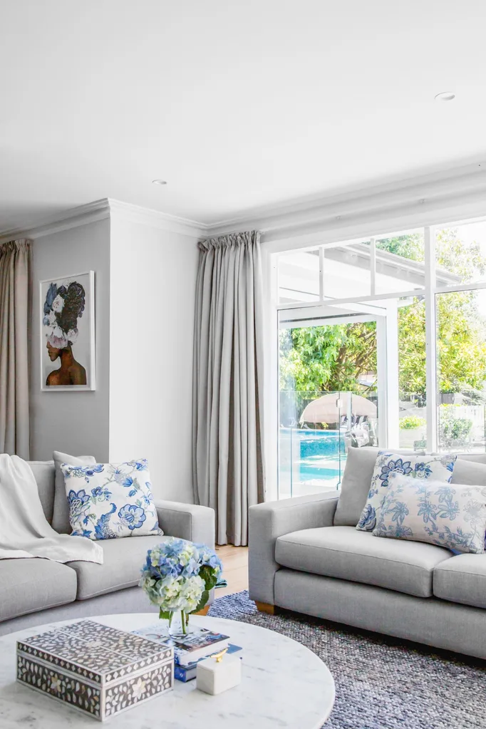 Hamptons style home with grey colour palette and grey drapes. spring home refresh.