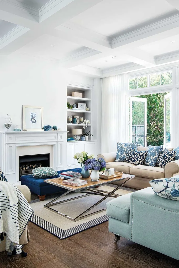 Hamptons style living room with patterned throw cushions on the sofa