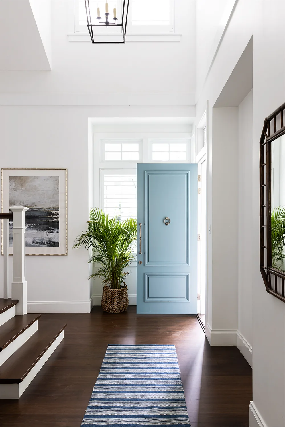 Hamptons style front entrance with pale blue front door