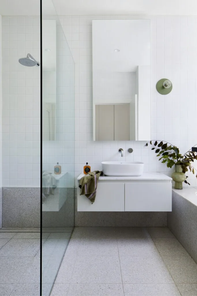 Modern bathroom with white floating vanity