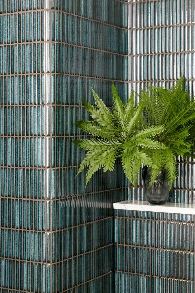 ensuite with moody teal finger tiles