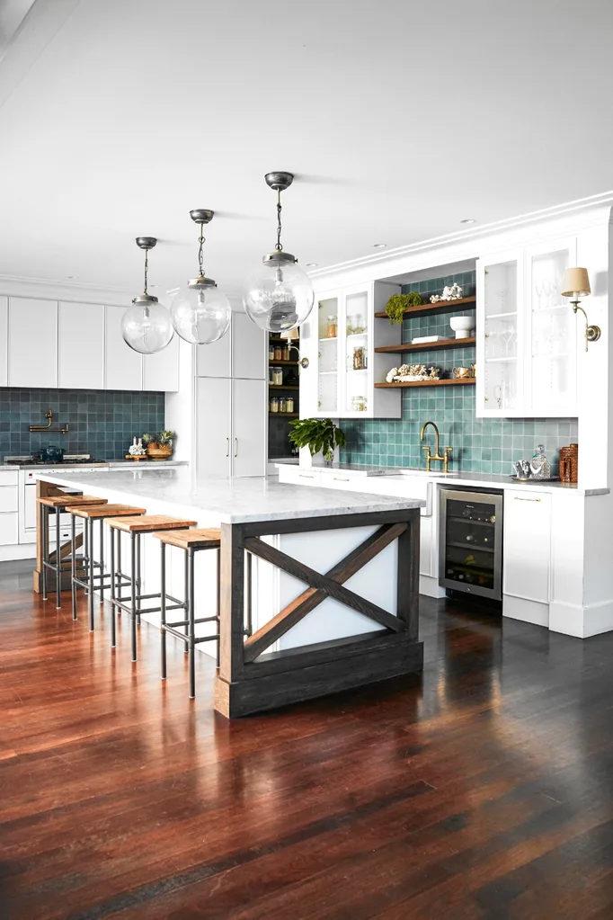 kitchen island timber floors teal splashback