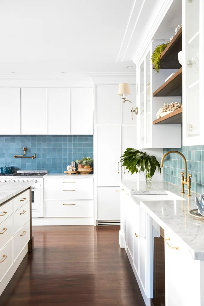 kitchen wooden floors teal splashback