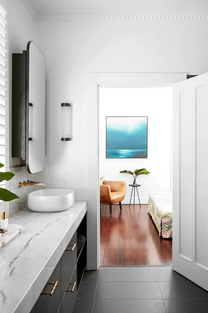 modern bathroom blue artwork