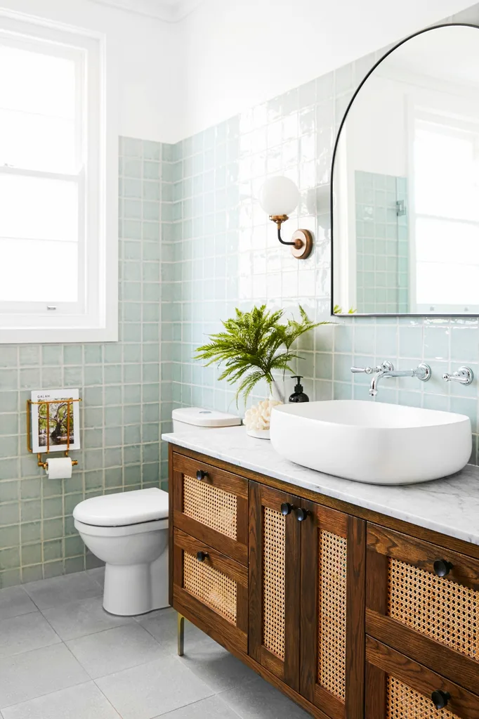 main bathroom with rattan vanity