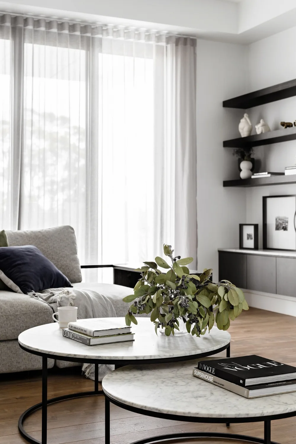 Modern living room with marble coffee tables