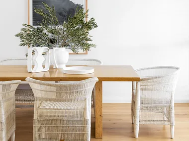 coastal style white dining room wicker chairs