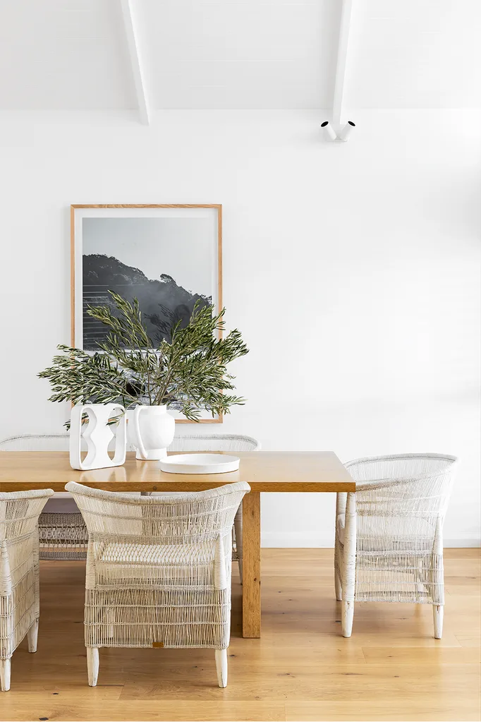 coastal style white dining room wicker chairs