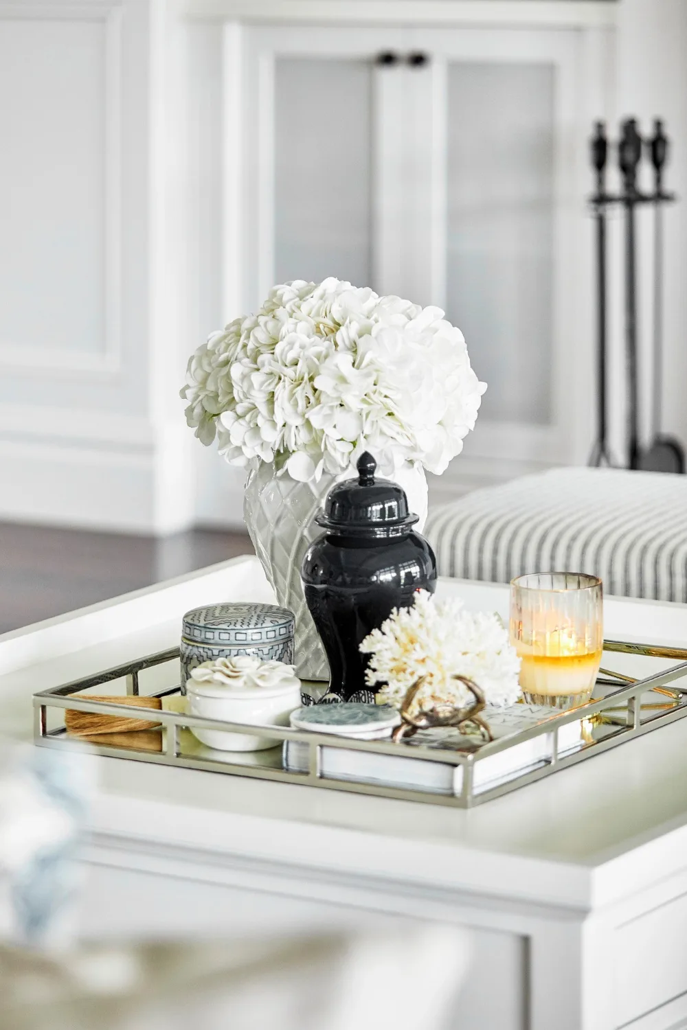 Hydrangeas on a Hamptons style coffee table