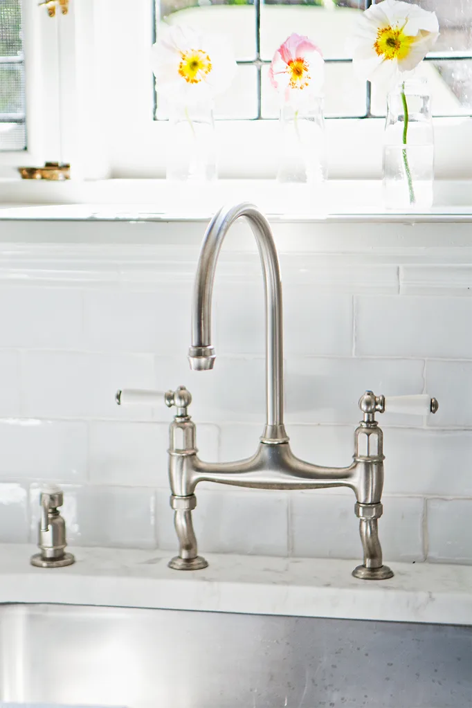 Gooseneck pewter kitchen sink mixer with ceramic handles
