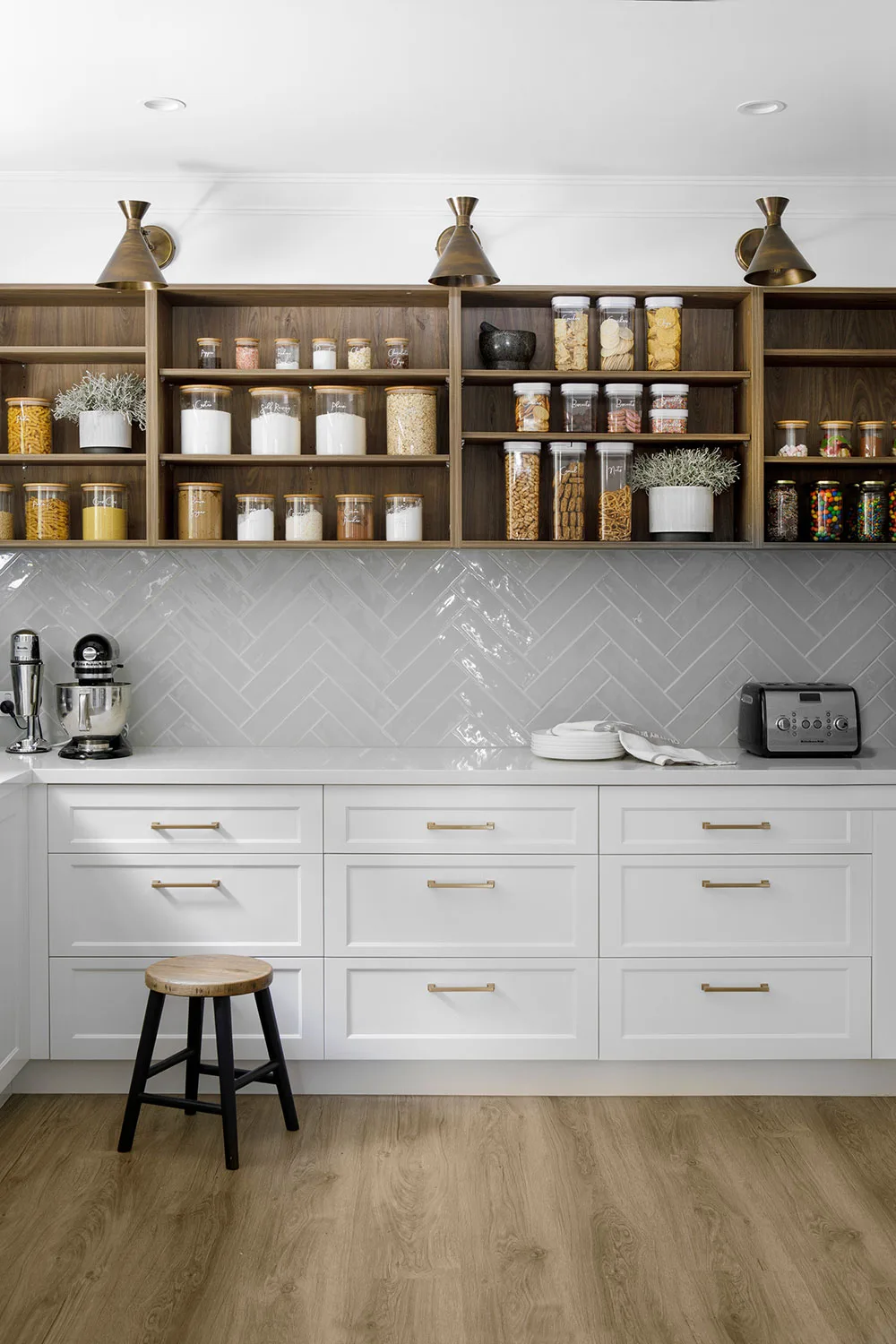 Organised butlers pantry with open upper shelving