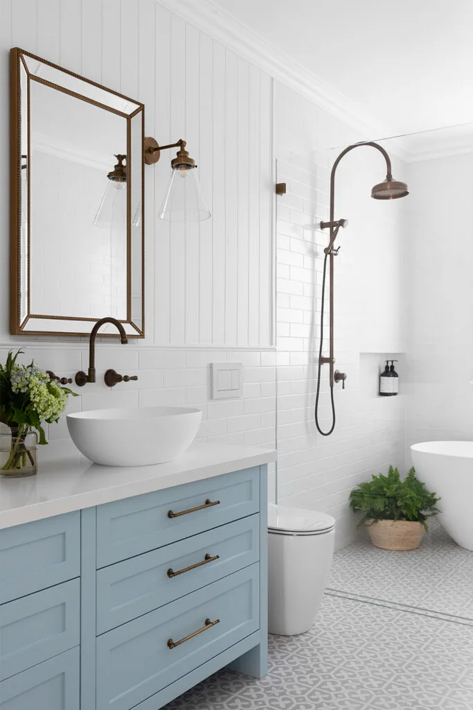 Hamptons bathroom with patterned floor tiles