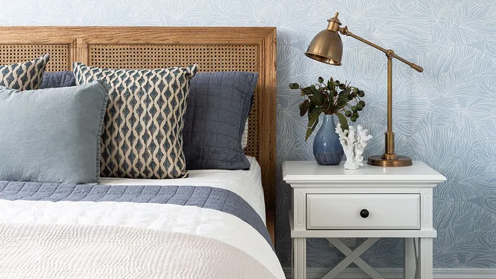 rattan-bedhead-guest-bedroom-blue-wallpaper