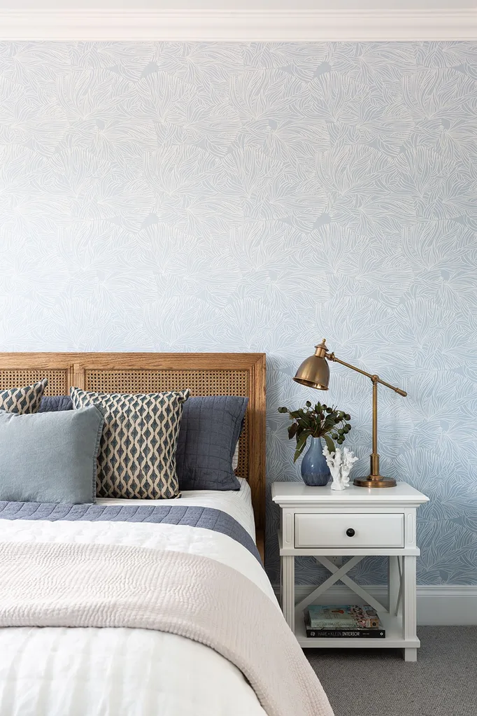 rattan-bedhead-guest-bedroom-blue-wallpaper