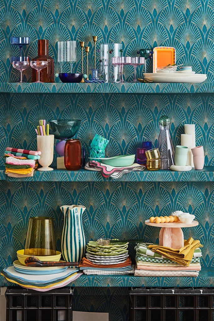 colourful-teal-wall-cabinets-fun-dinnerware