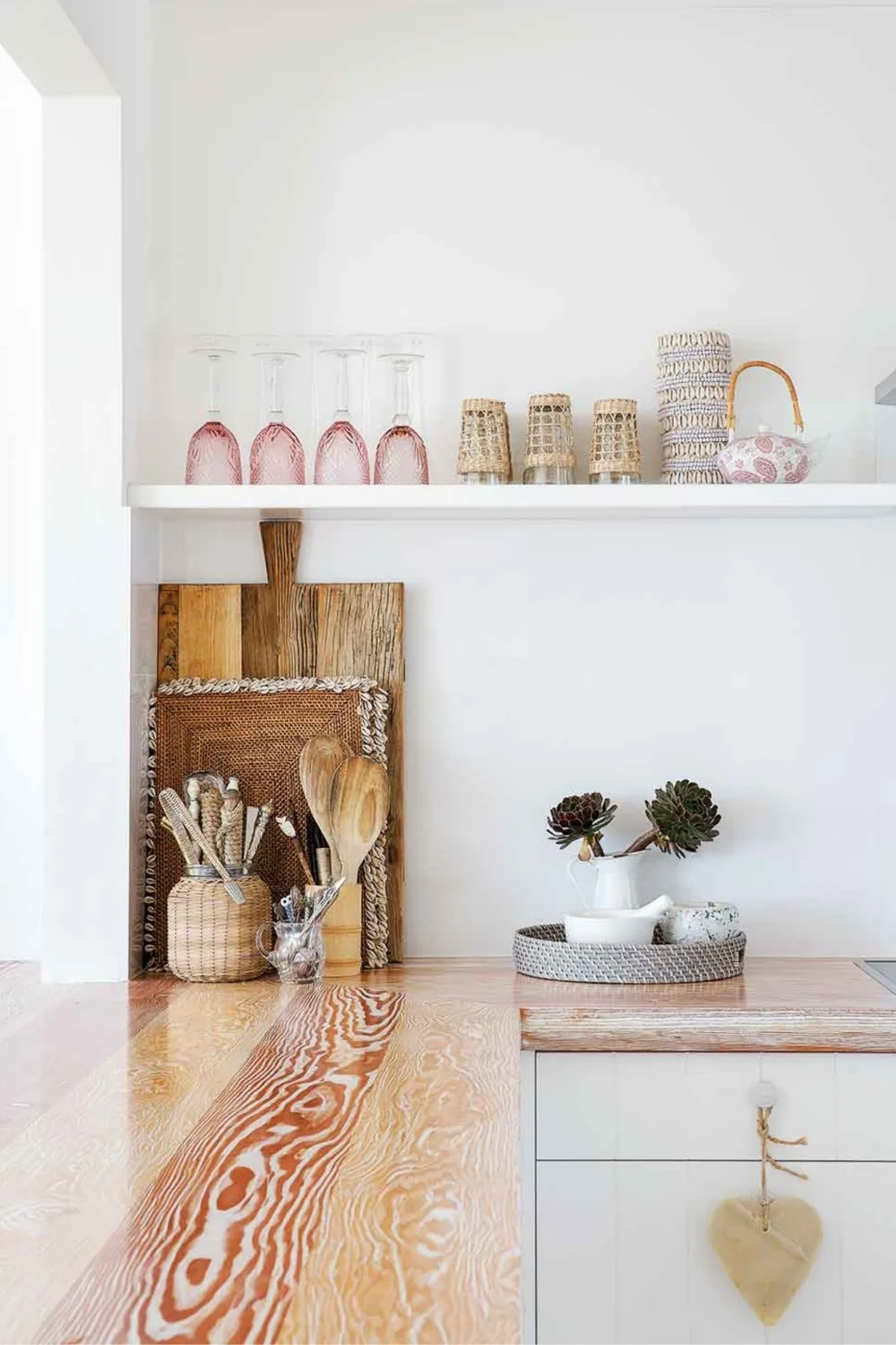 Country kitchen with timber benchtops and open shelving