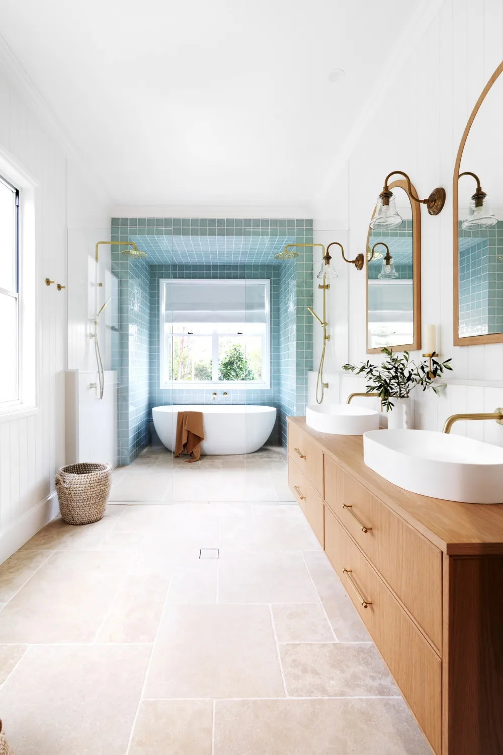 Modern farmhouse bathroom with timber vanity