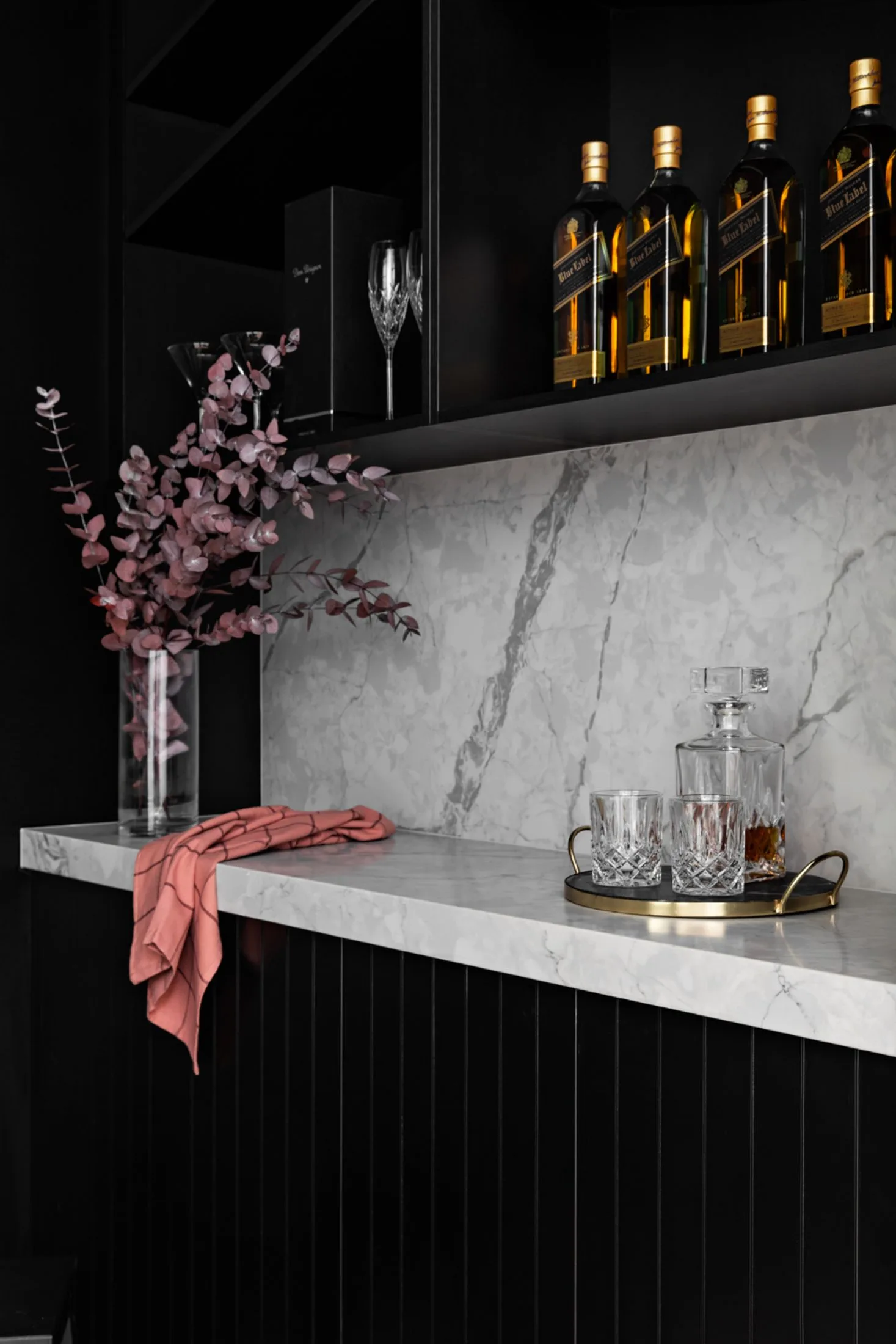 Black and marble home bar