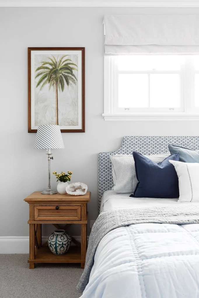 Hamptons bedroom with classic blue and white colour scheme