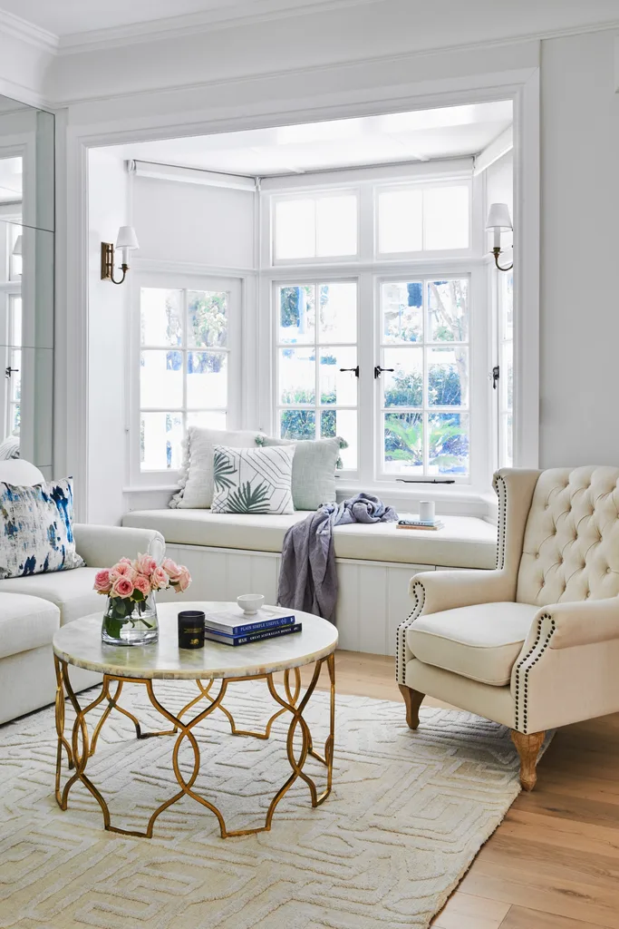 cottage living room with window seat