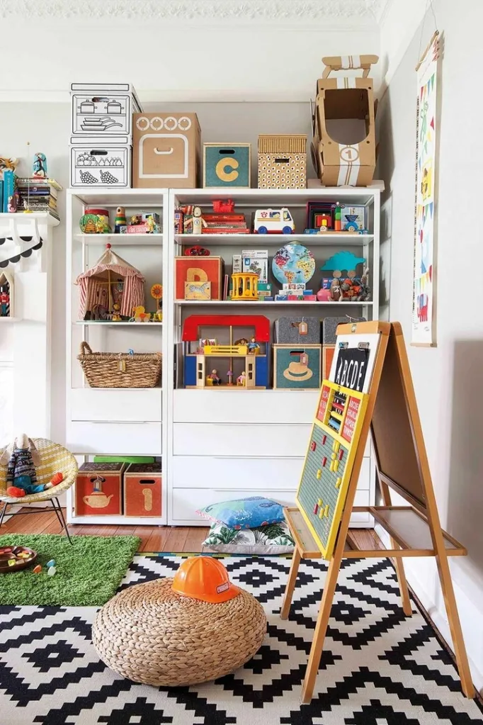 Colourful rumpus room with layered rugs