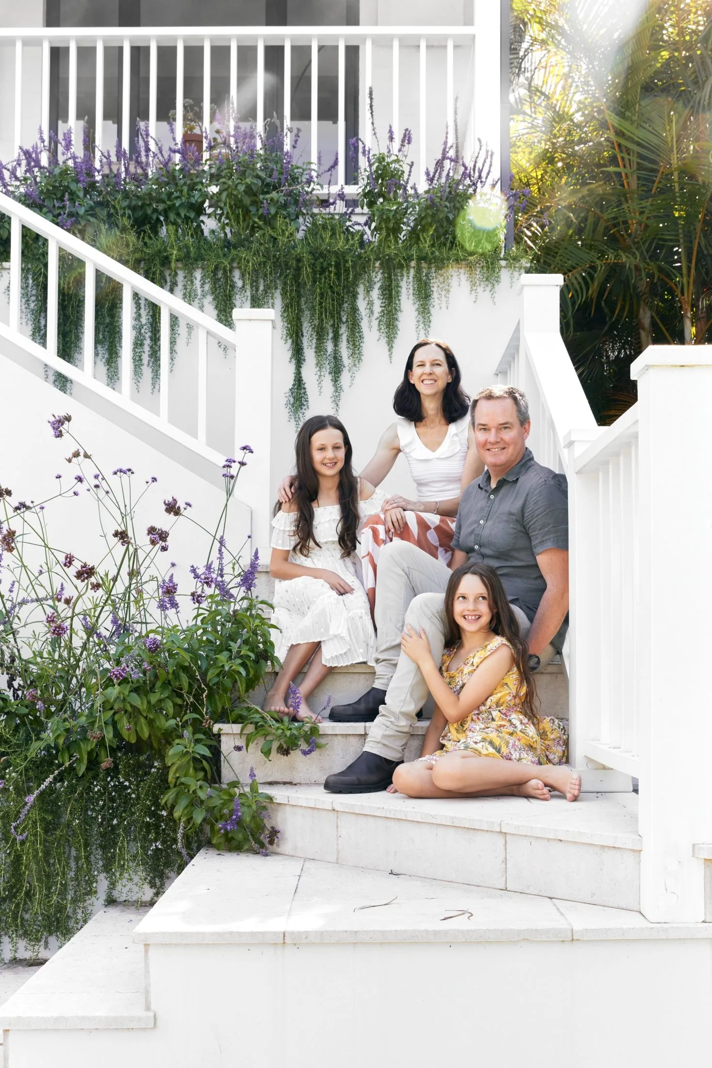 outdoor white tiled stairs with white balustrade