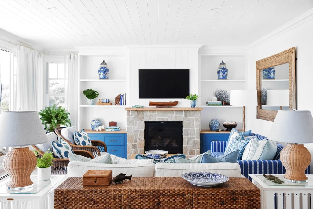 coastal blue and cream living room with sandstone fireplace