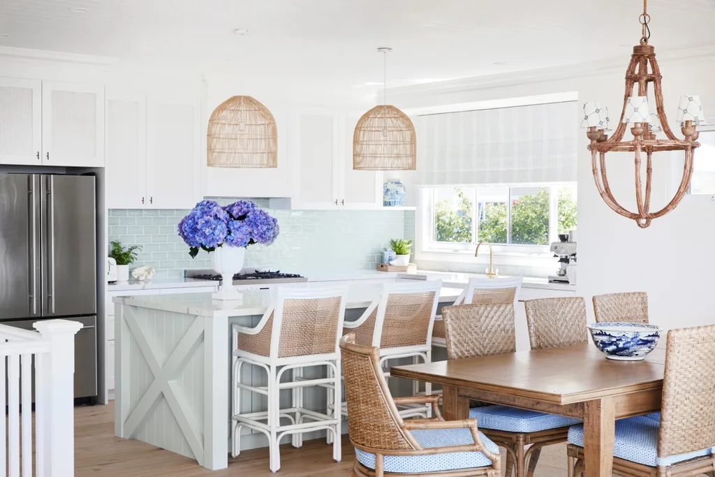 classic coastal white kitchen with rattan details