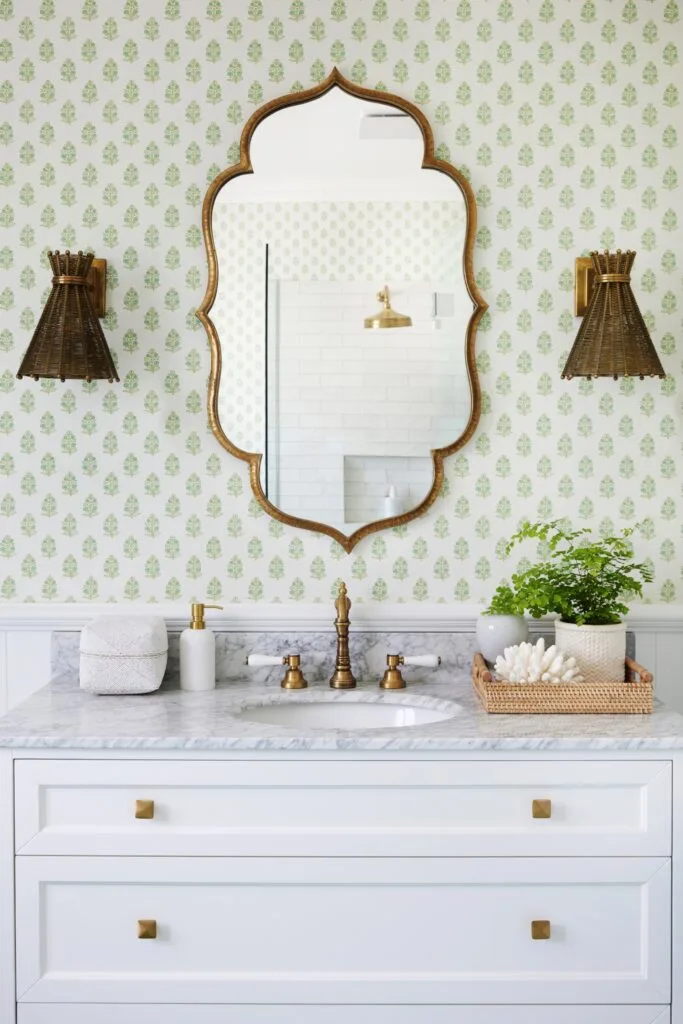 classic bathroom with green floral wallpaper