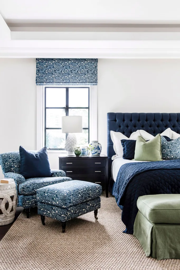 guest bedroom ideas navy blue upholstered bedhead