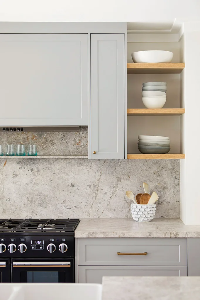 Shaker kitchen with timber open shelves