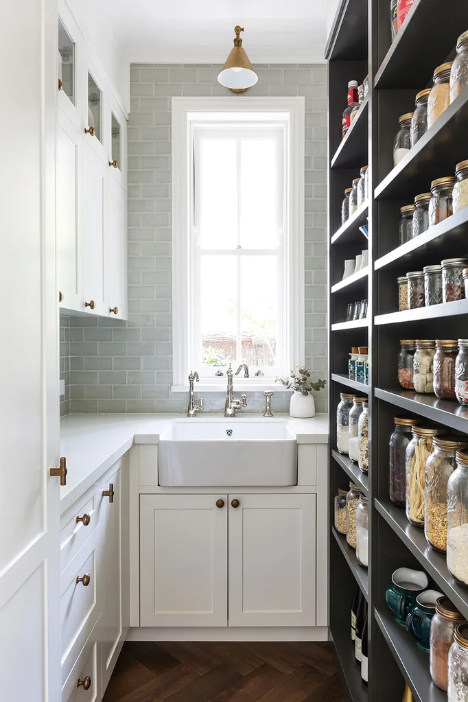 Shallow pantry shelving in butlers pantry