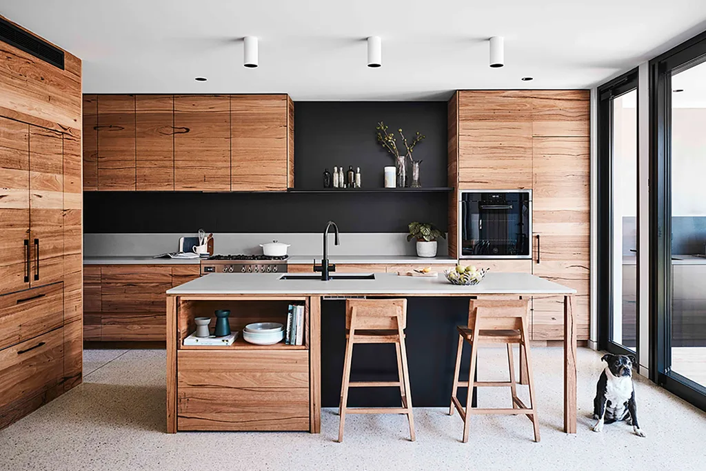 Black and timber kitchen with open shelving