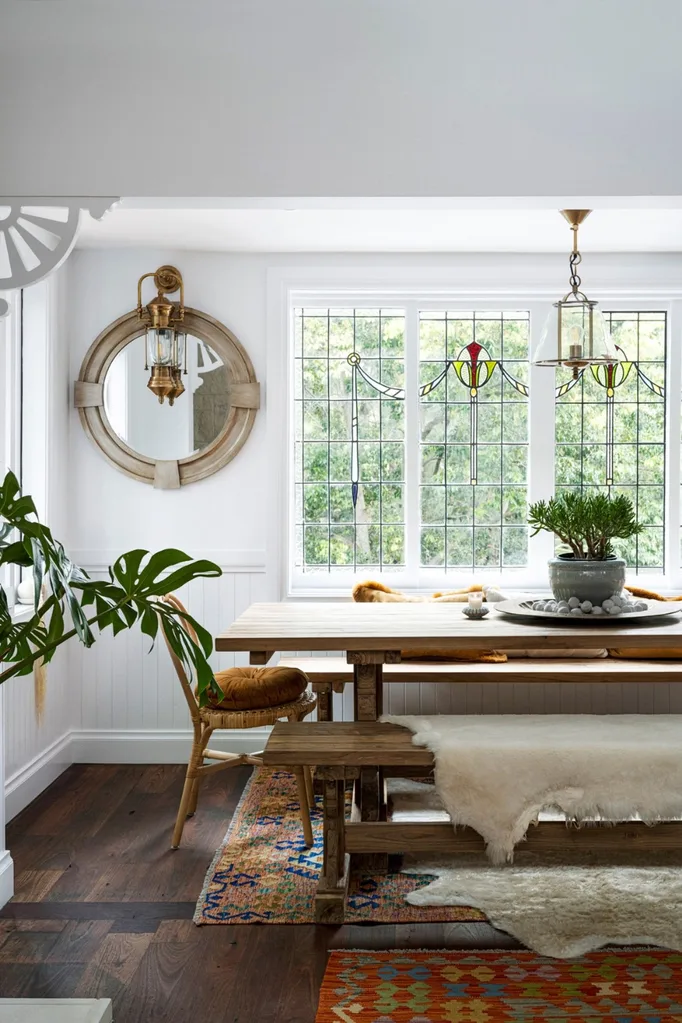 white cottage renovation diing room with VJ panelling