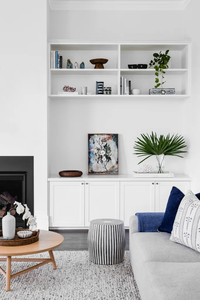 hamptons living room with built in cabinetry