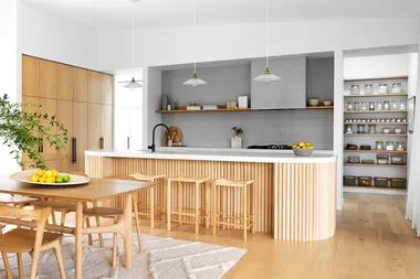 Japandi style kitchen with open shelving