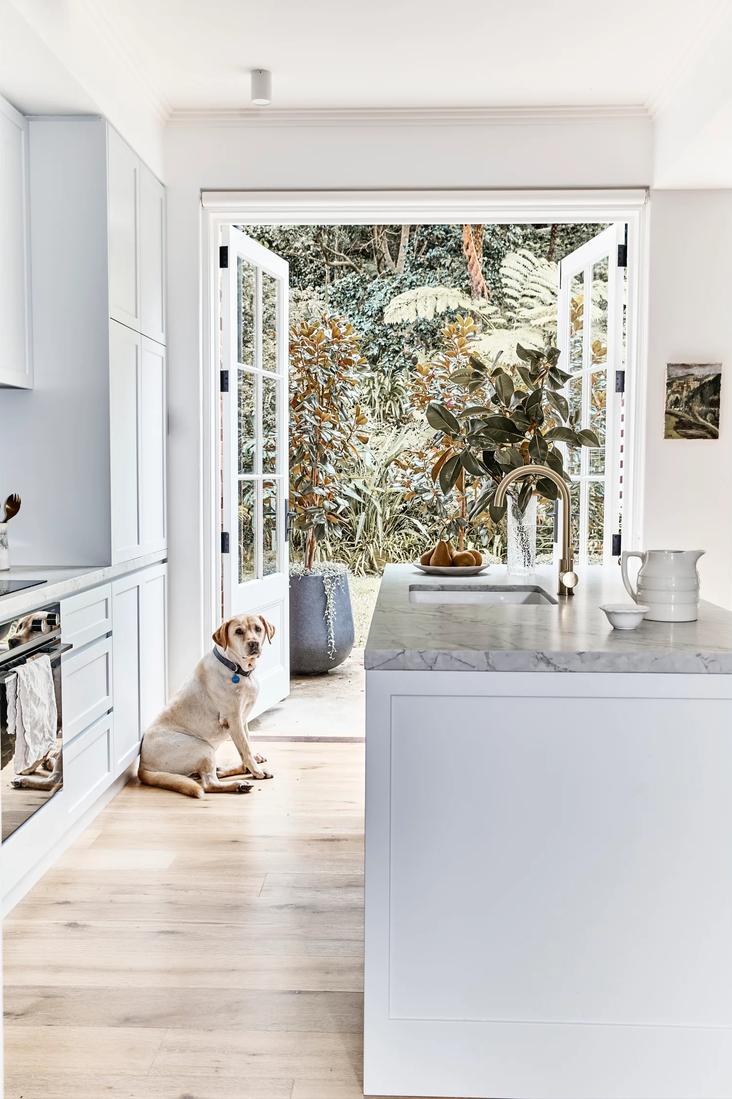 pale grey kitchen with french doors