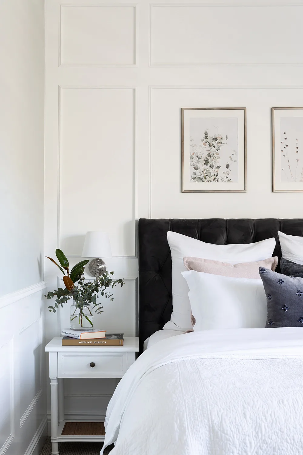 Main bedroom with a white, grey and pink colour scheme