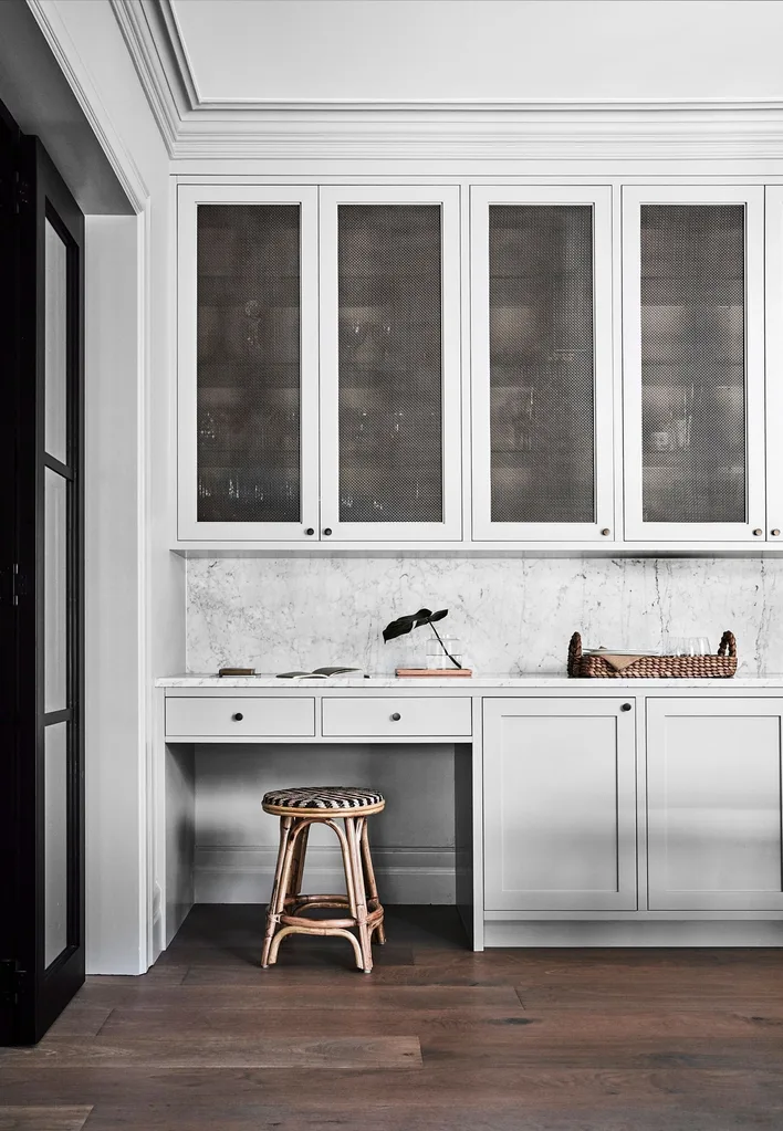 pale grey cabinetry with study nook