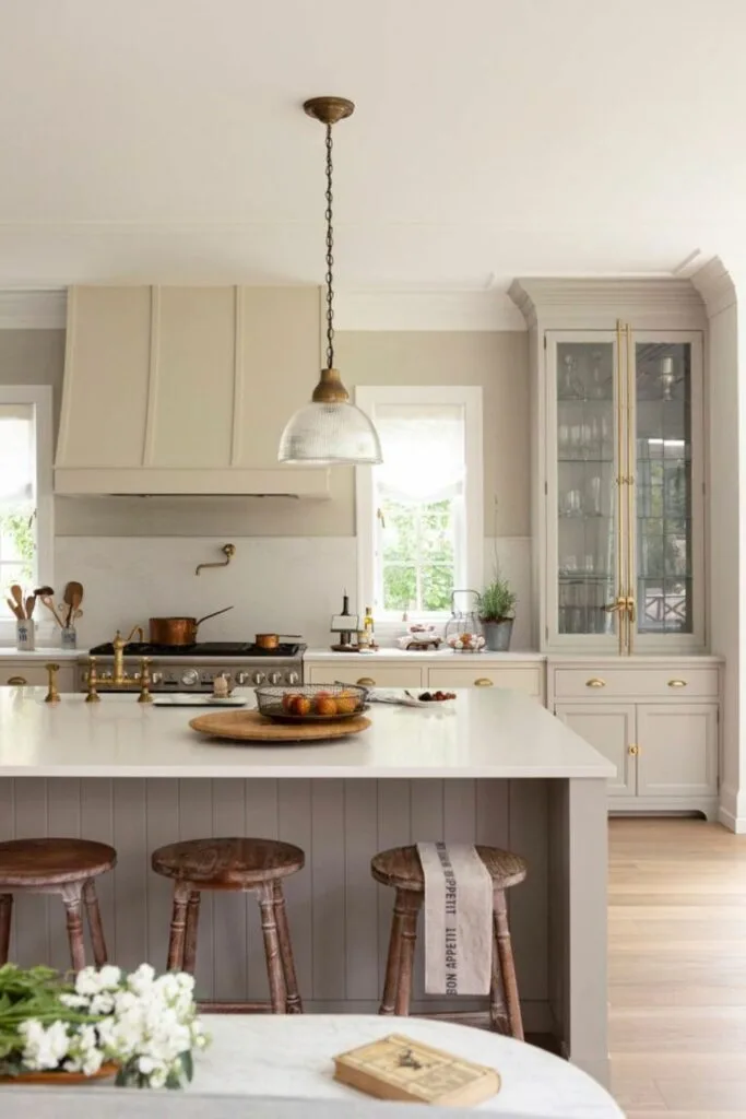 country kitchen with brass glass kitchen pendant light